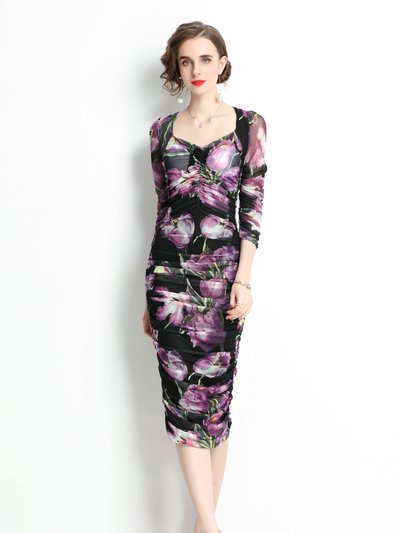 Kaimilan Black And Purple Сocktail And Party Fitted Sweetheart Neck Elbow Sleeve Midi Floral Dress product