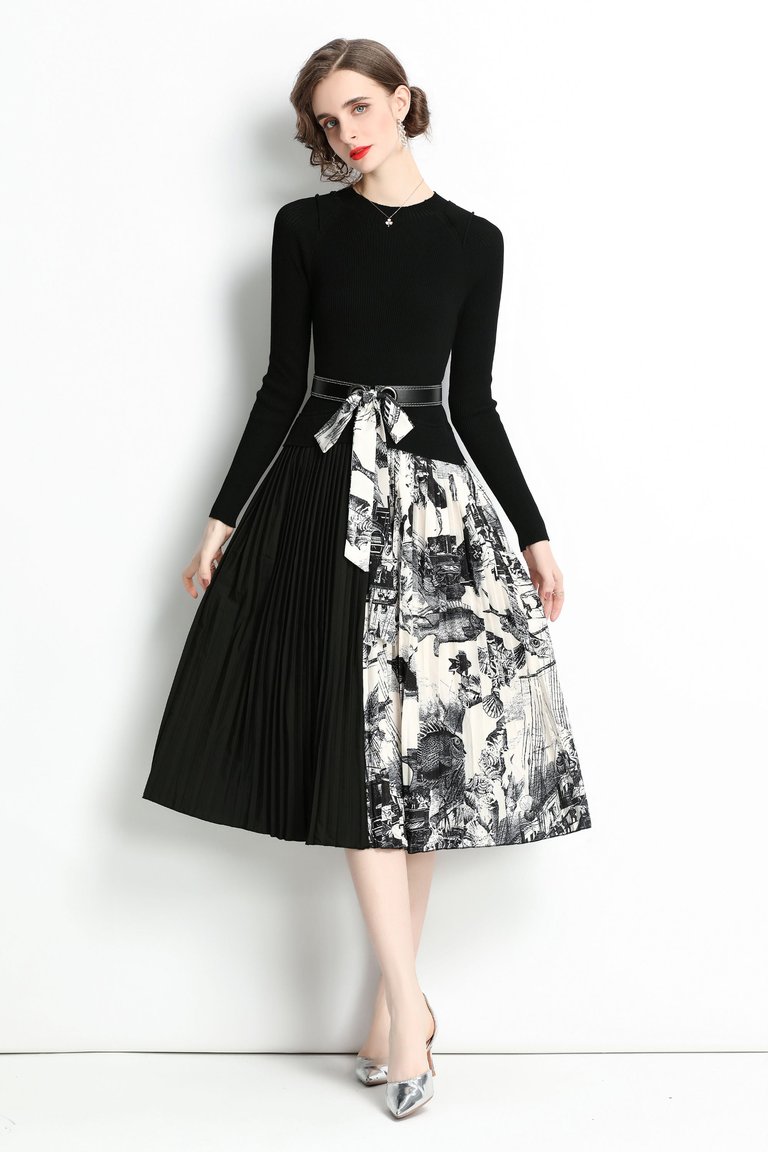 Black And White Office A-Line Crewneck Long Sleeve Below Knee Pleated Dress - Black