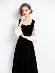 Black And White Office A-Line Sweetheart Neck Long Sleeve Knee Dress
