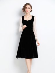 Black And White Office A-Line Sweetheart Neck Long Sleeve Knee Dress - Black