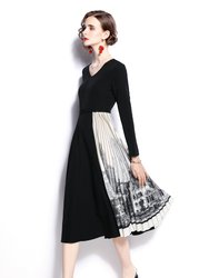 Black And White Office A-Line V-Neck Long Sleeve Below Knee Dress