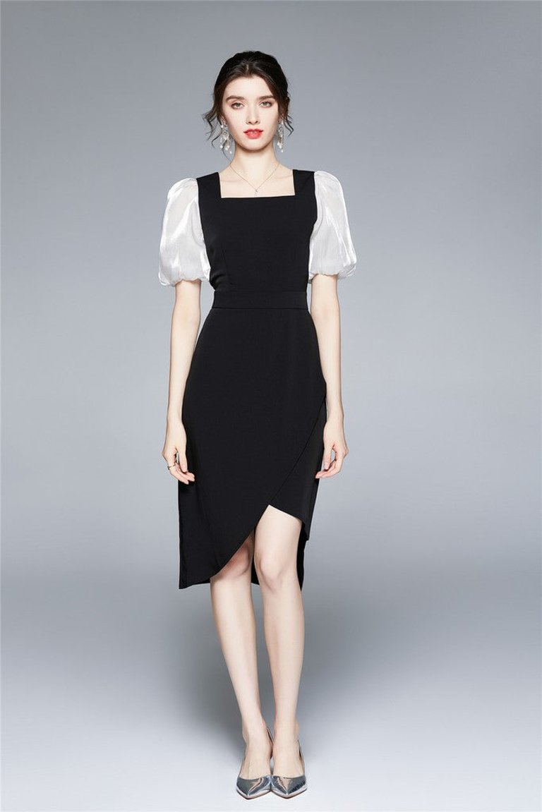 Black And White Office Fitted Squareneck Short Sleeve Above Knee Dress - Black