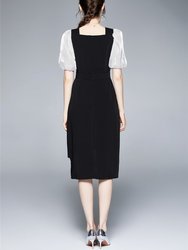 Black And White Office Fitted Squareneck Short Sleeve Above Knee Dress