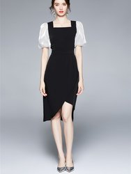 Black And White Office Fitted Squareneck Short Sleeve Above Knee Dress - Black