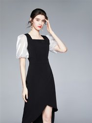 Black And White Office Fitted Squareneck Short Sleeve Above Knee Dress