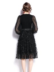 Black Cocktail And Party A-Line Crewneck Long Sleeve Below Knee Dress