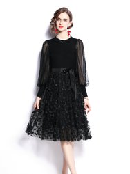 Black Cocktail And Party A-Line Crewneck Long Sleeve Below Knee Dress - Black
