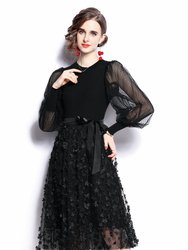 Black Cocktail And Party A-Line Crewneck Long Sleeve Below Knee Dress