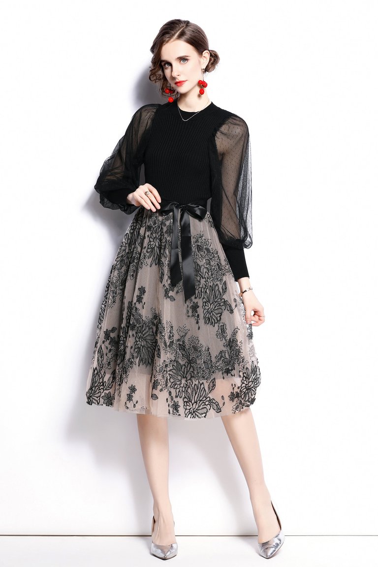 Black Cocktail And Party A-Line Crewneck Long Sleeve Below Knee Printed Knee Dress With Belt