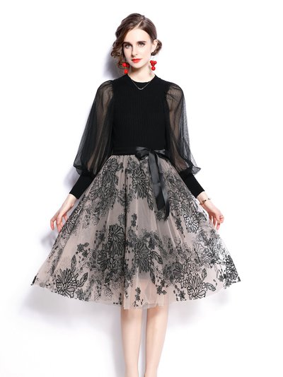 Kaimilan Black Cocktail And Party A-Line Crewneck Long Sleeve Below Knee Printed Knee Dress With Belt product