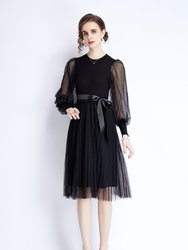 Black Evening A-Line Crewneck Long Sleeve Knee Lace Dress - Black