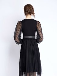 Black Evening A-Line Crewneck Long Sleeve Knee Lace Dress