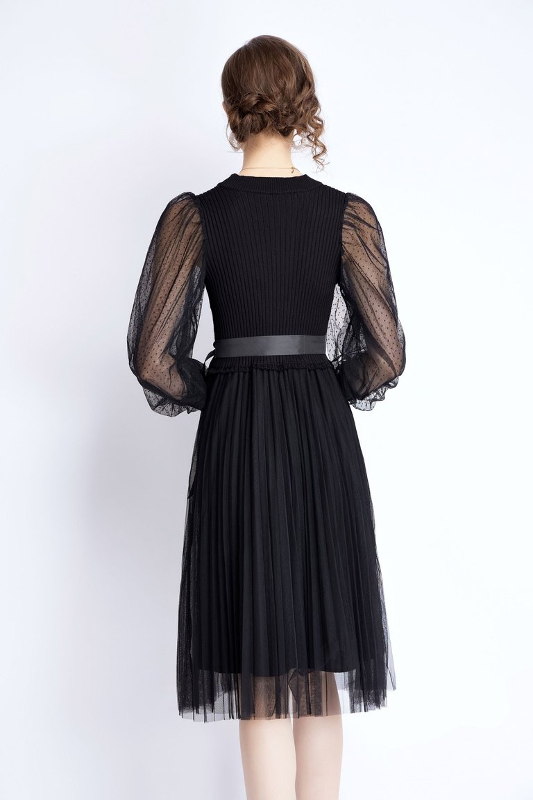 Black Evening A-Line Crewneck Long Sleeve Knee Lace Dress