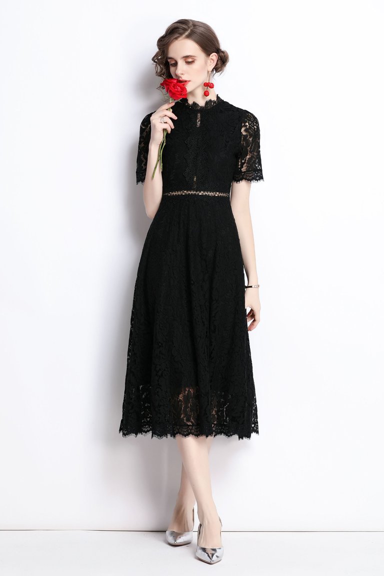 Black Evening A-Line Crewneck Short Sleeve Midi Lace Dress - Black