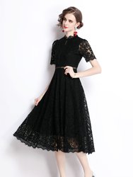 Black Evening A-Line Crewneck Short Sleeve Midi Lace Dress