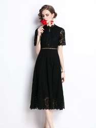 Black Evening A-Line Crewneck Short Sleeve Midi Lace Dress - Black