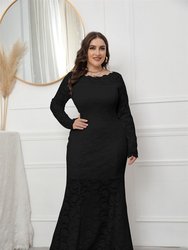 Black Evening Bodycon Crewneck Long Sleeve Ankle Dress - Black