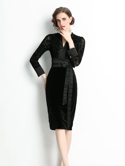 Kaimilan Black Evening Bodycon V-Neck Long Sleeve Knee Dress With Bow product