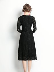 Black Evening Classic A-line Crewneck Bracelet Below Knee Lace Dress