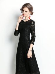 Black Evening Classic A-line Crewneck Bracelet Below Knee Lace Dress