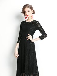 Black Evening Classic A-line Crewneck Bracelet Below Knee Lace Dress - Black