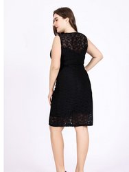 Black Evening Fitted Crewneck Sleeveless Knee Lace Dress