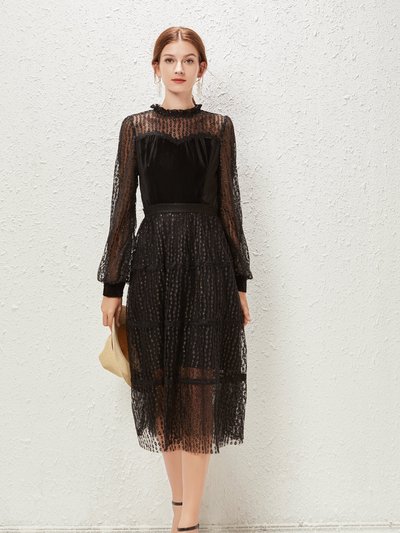 Kaimilan Black Evening Lace A-Line Crewneck Long Sleeve Midi Dress product