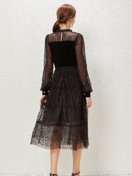 Black Evening Lace A-Line Crewneck Long Sleeve Midi Dress