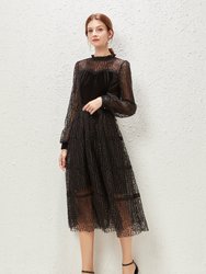 Black Evening Lace A-Line Crewneck Long Sleeve Midi Dress