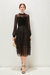 Black Evening Lace A-Line Crewneck Long Sleeve Midi Dress - Black