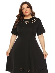 Black Office A-Line Crewneck Short Sleeve Knee Dress - Black