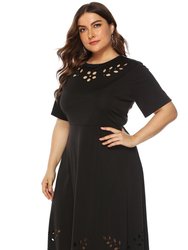 Black Office A-Line Crewneck Short Sleeve Knee Dress