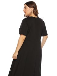 Black Office A-Line Crewneck Short Sleeve Knee Dress