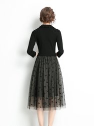 Black Office A-Line Notch Lapel 3/4 Sleeves Below Knee Dress