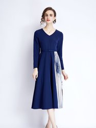 Blue Office A-line V-Neck Long Sleeve Below Knee Dress - Blue