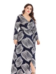 Blue & White Day Bodycon V-neck Long Sleeve Tea Printed Dress