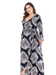 Blue & White Day Bodycon V-neck Long Sleeve Tea Printed Dress