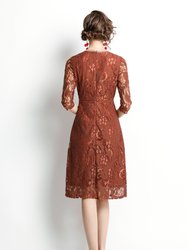 Brown Cocktail & Party A-Line Crewneck Elbow Sleeve Knee Lace Dress