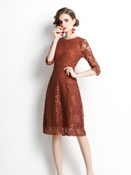 Brown Cocktail & Party A-Line Crewneck Elbow Sleeve Knee Lace Dress - Brown