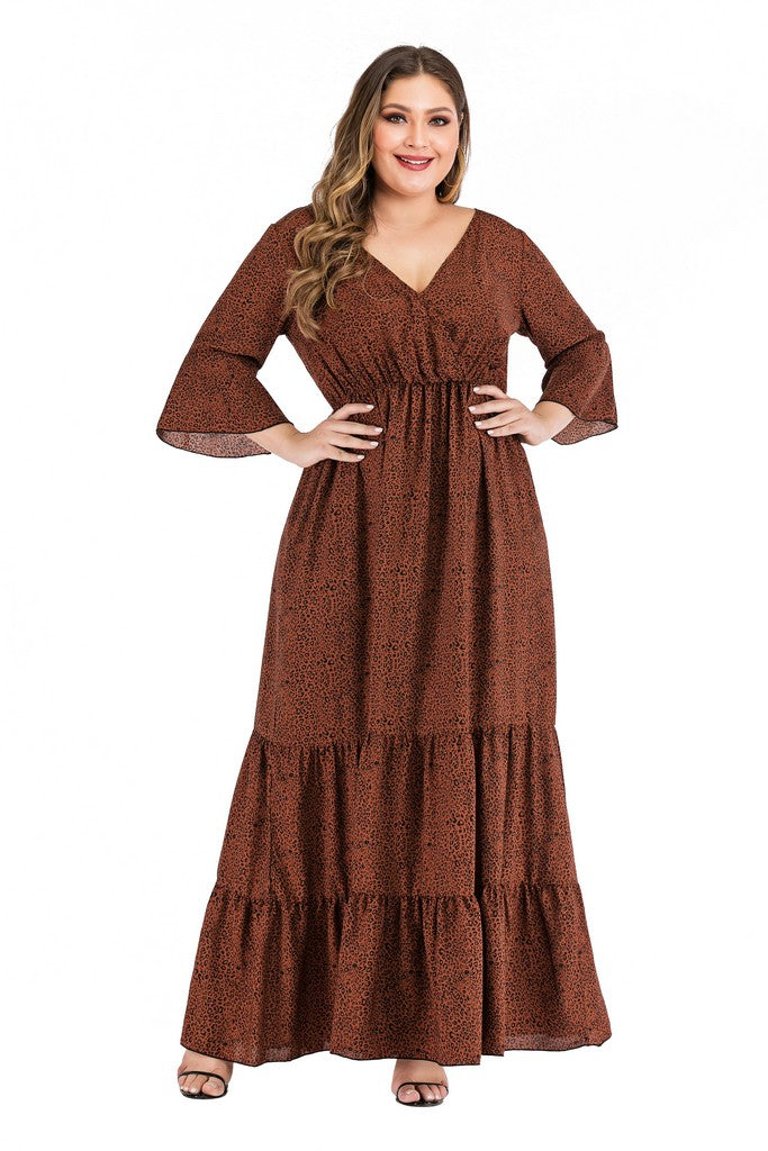 Brown Day A-Line V-Neck Elbow Sleeve Tea Dress - Brown