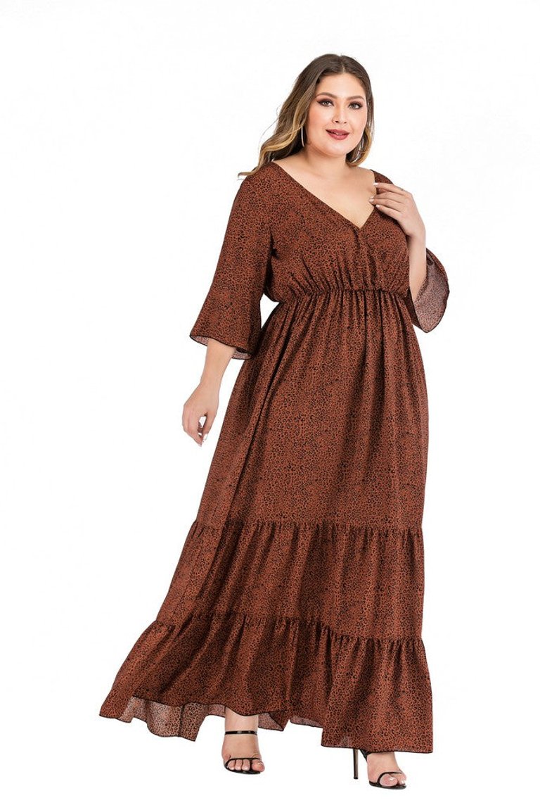 Brown Day A-Line V-Neck Elbow Sleeve Tea Dress