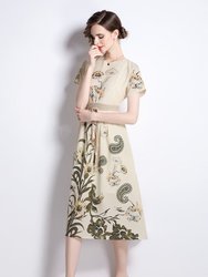 Creamy & Floral Print Day A-Line Crewneck Short Sleeve Midi Dress