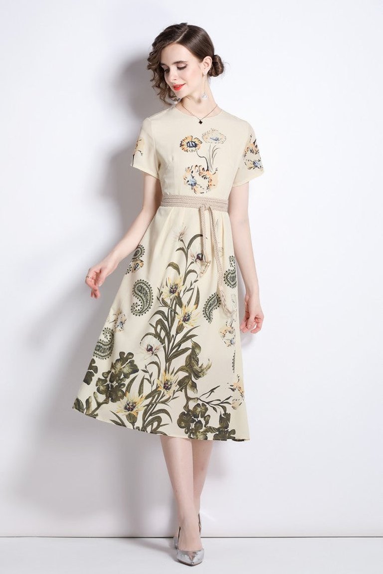 Creamy & Floral Print Day A-Line Crewneck Short Sleeve Midi Dress
