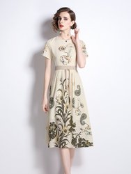 Creamy & Floral Print Day A-Line Crewneck Short Sleeve Midi Dress - Beige