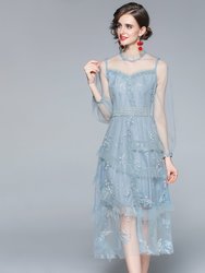 Gray Blue Evening Lace Ruffled A-Line Crewneck Long Sleeve Midi Dress
