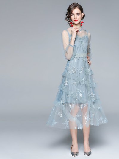 Kaimilan Gray Blue Evening Lace Ruffled A-Line Crewneck Long Sleeve Midi Dress product