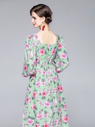 Green & Floral Print Day A-Line Sweetheart Neck Bishop Long Sleeve Below Knee Dress
