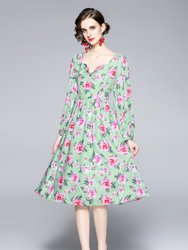 Green & Floral Print Day A-Line Sweetheart Neck Bishop Long Sleeve Below Knee Dress - Green