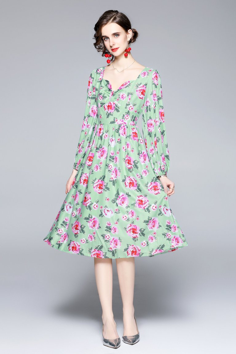 Green & Floral Print Day A-Line Sweetheart Neck Bishop Long Sleeve Below Knee Dress - Green