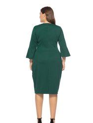 Green Office Bodycon 3/4 Sleeves Knee Dress